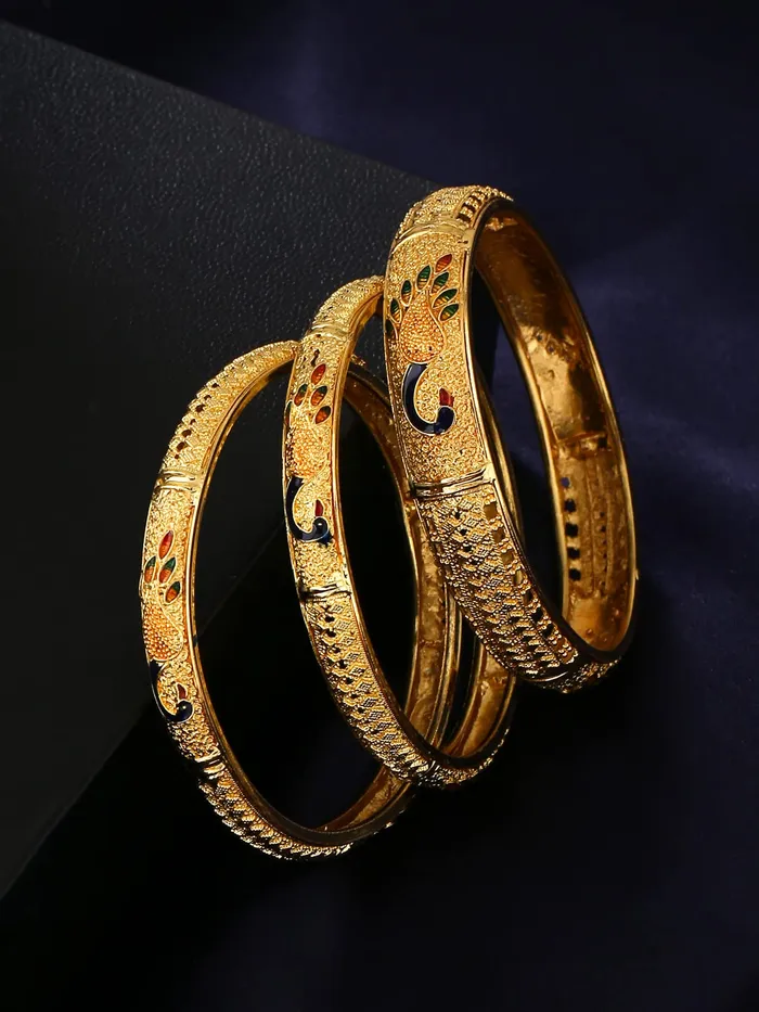 Bracelets Yellow Chimes Yellow Chimes Bangles for Women Gold Toned Peacock Designed Meenakari Touch Set of 3 Pcs Traditional Bangles for Women and Girls