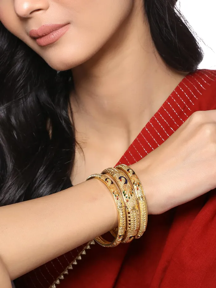 Bracelets Yellow Chimes Yellow Chimes Bangles for Women Gold Toned Peacock Designed Meenakari Touch Set of 3 Pcs Traditional Bangles for Women and Girls