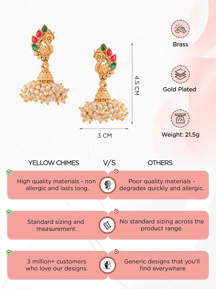 Yellow Chimes Earrings Pearl Jhumka Earrings Traditional Golden Jhumki with Lightweight Comfort Gold Plated 47cm