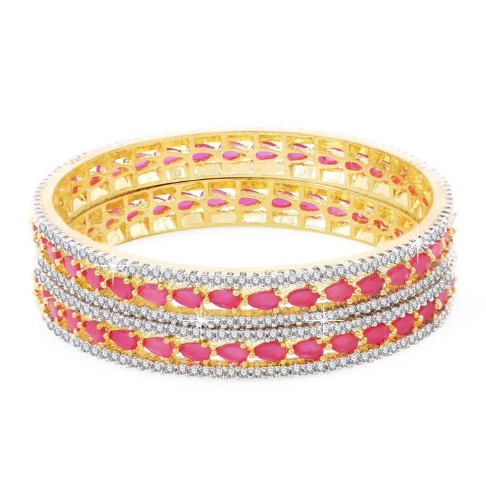 Yellow Chimes Yellow Chimes Elegant Pink ADAmerican Diamond Studded 18k Gold Plated Designer Handcrafted 2 PCs Bangles Set for Women Girls 26 Rings