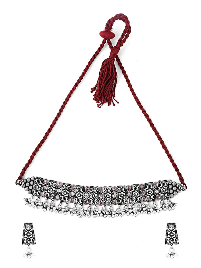 Yellow Chimes Yellow Chimes Necklace Set For Women Oxidised Silver Choker Kolhapuri Pink StoneStudded Necklace Set For Women Earrings