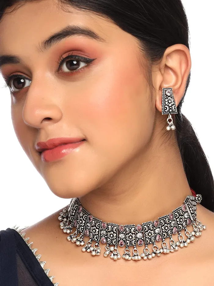Yellow Chimes Yellow Chimes Necklace Set For Women Oxidised Silver Choker Kolhapuri Pink StoneStudded Necklace Set For Women Earrings